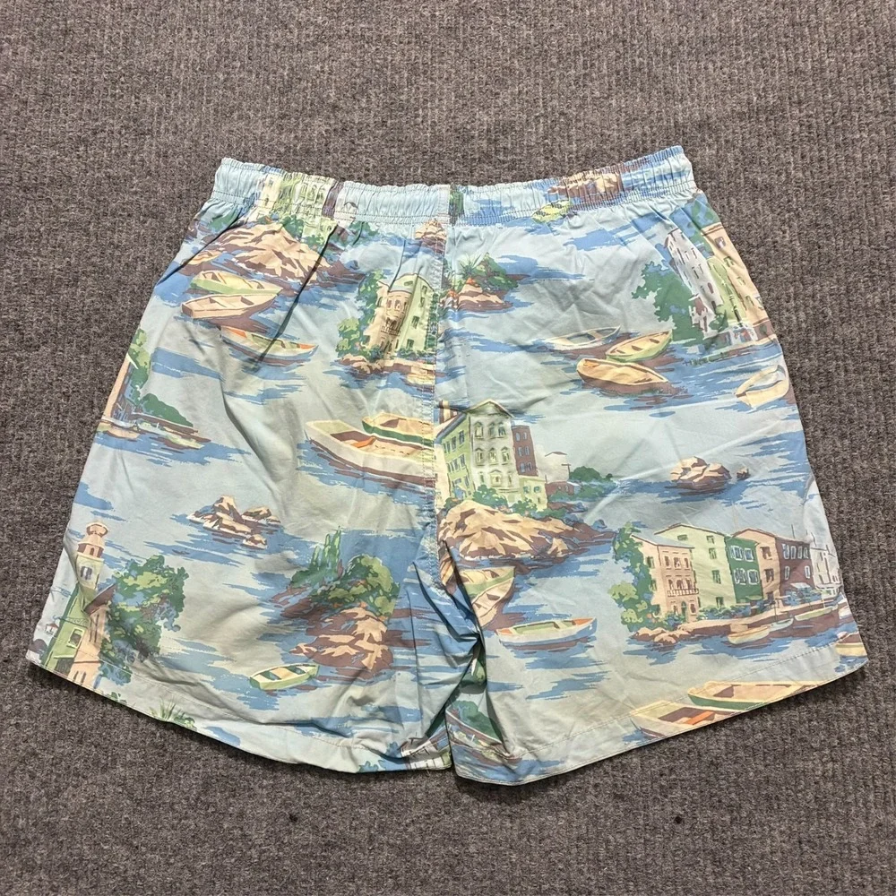 Nautica‎ Mens Swim Shorts Size M Blue Scenic Boat Harbor Print Mesh Lined